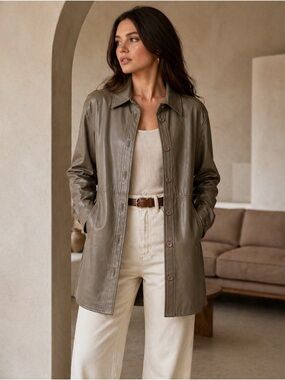 Quince grey Leather Button-Front Jacket